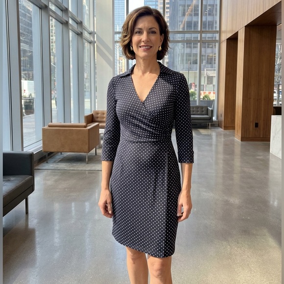 Ann Taylor Petites navy blue gray Polka Dot Faux Wrap Dress quarter sleeve 0P - Picture 2 of 16